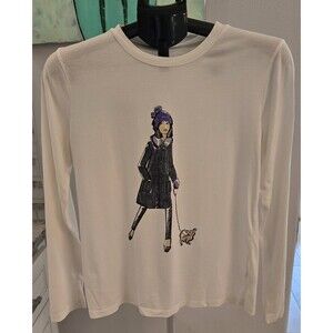 Simply Vera Vera Wang Long Sleeved White Graphic Woman Tee Walking Dog Size PL